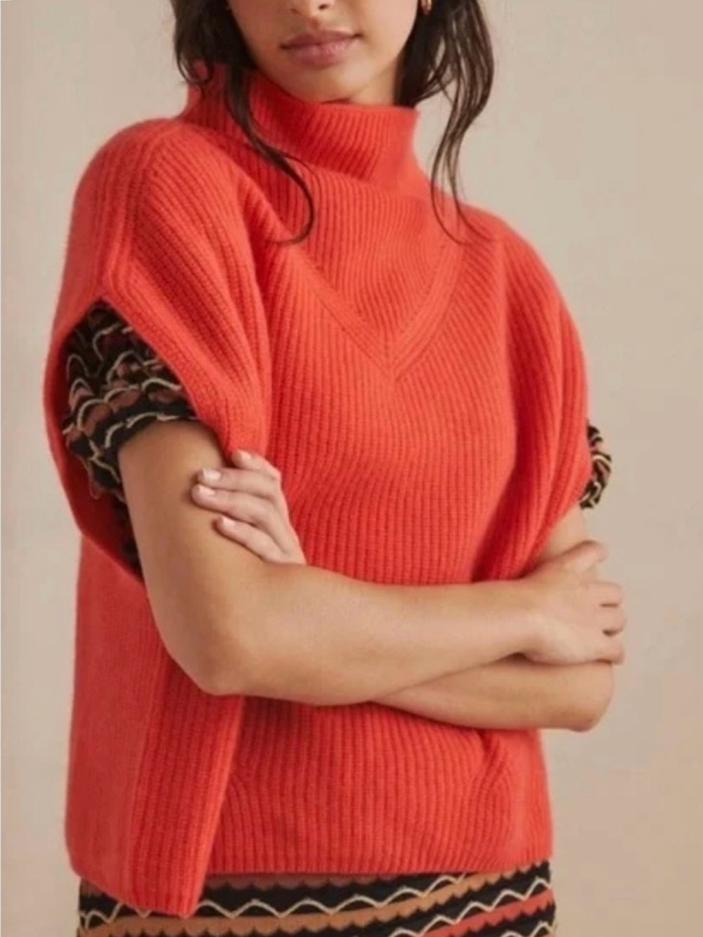 Anthropologie Enza Women's Ribbed Mock Neck Cashmere Sweater in Coral Sz S